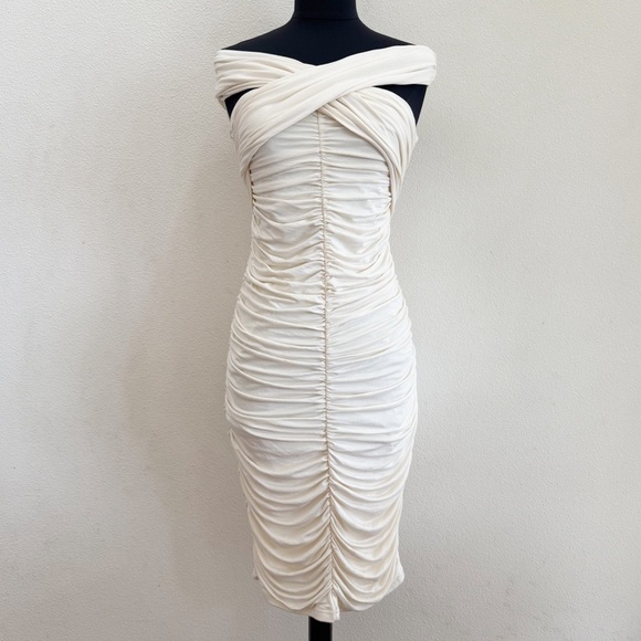 Endless Rose Ruched Bodycon Midi Dress In Cream Small - Picture 2 of 7